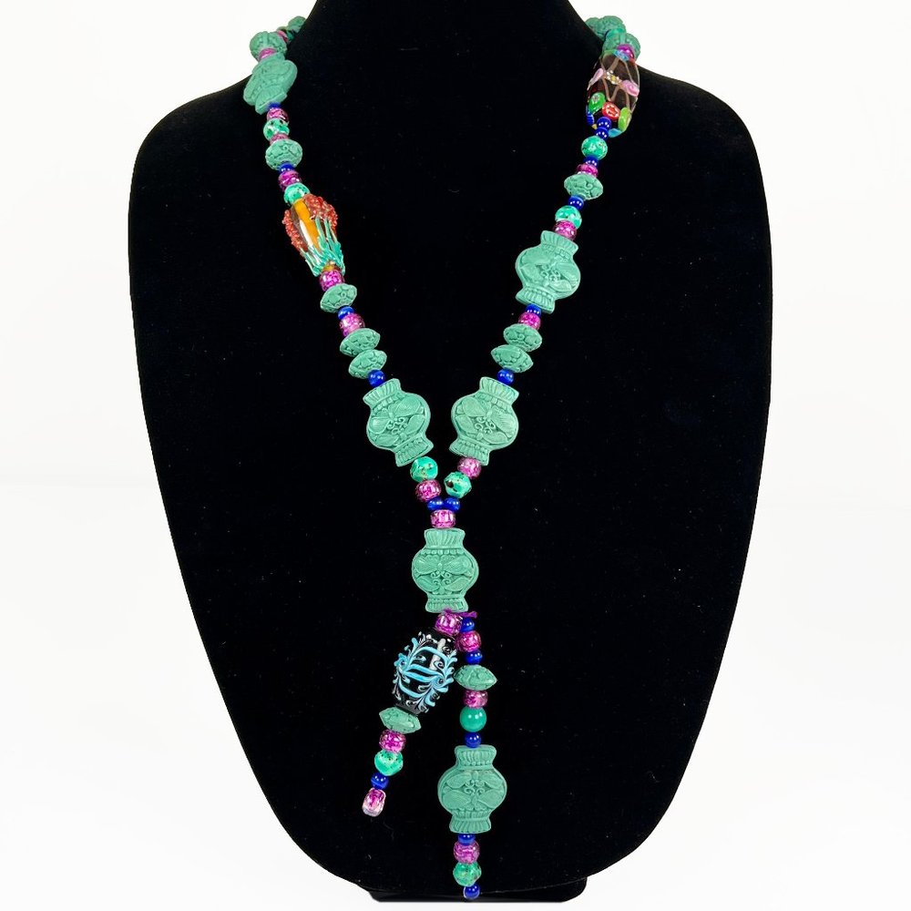 Blue Cinnabar Vase Bead Necklace w/ Blue Cats Eye Beads & Glass Lampwork Beads